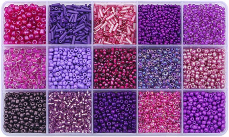 Basigeese Mix 15 Color Glass Seed Tube Beads Glass Bugle Beads Loose Kit for Jewelry Making DIY Craft Beading (Mix 15 Color, Purple) - Image 1